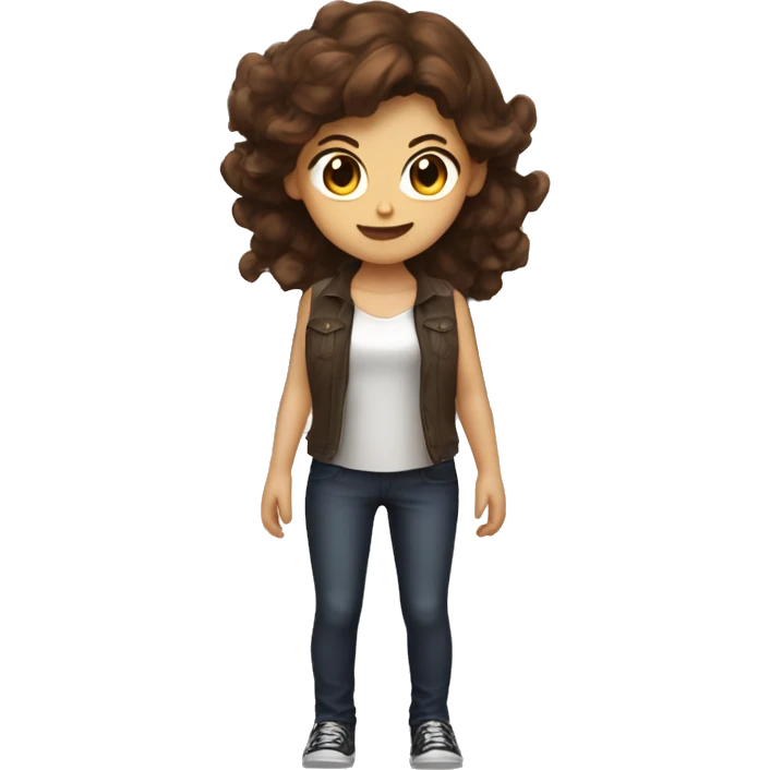 A girl with brown hair ad have. Halo, angel wings, demon horns and a demon tail emoji