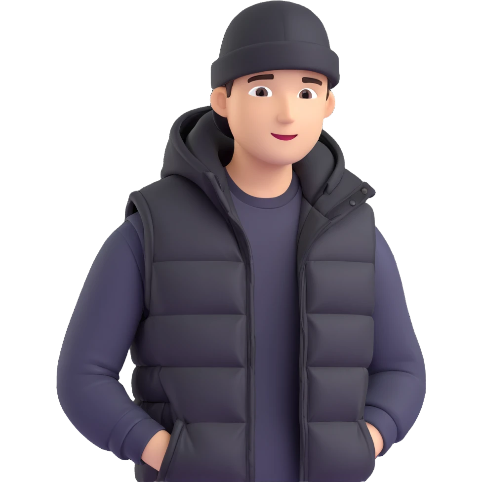 A guy in a hat, black hoodie, and a puffer vest emoji