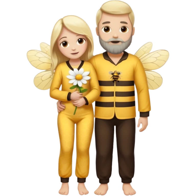 Grown up man with brown eyes, long dark brown long, white skin, medium beard, full body in cute bee pijama hugging a woman with blonde hair, white skin, dressed as a flower  emoji