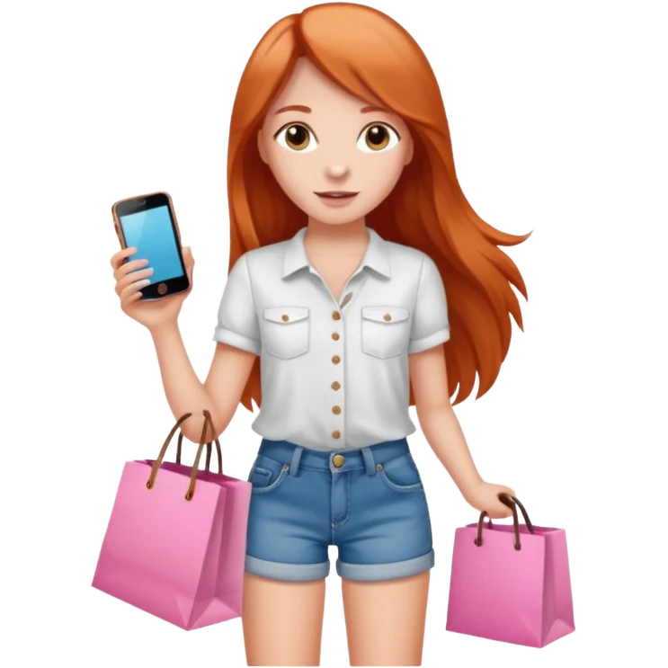 Chica con cabello cobrizo largo short de jeans blusa blanca y bolsas de compras rosas y celular emoji