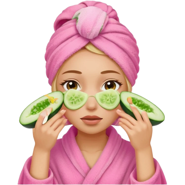 Girl with pink towel in hair cucumber slices covering eyes emoji