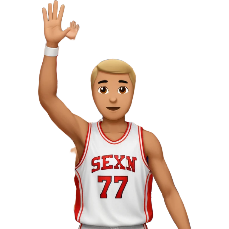 Maverick Trevillian in the crowd at an amateur basketball game. He leans towards the camera and enthusiastically shouts "six seven while performing a distinctive hand gesture: both hands open, palms facing upward, moving up and down as if weighing two options. emoji