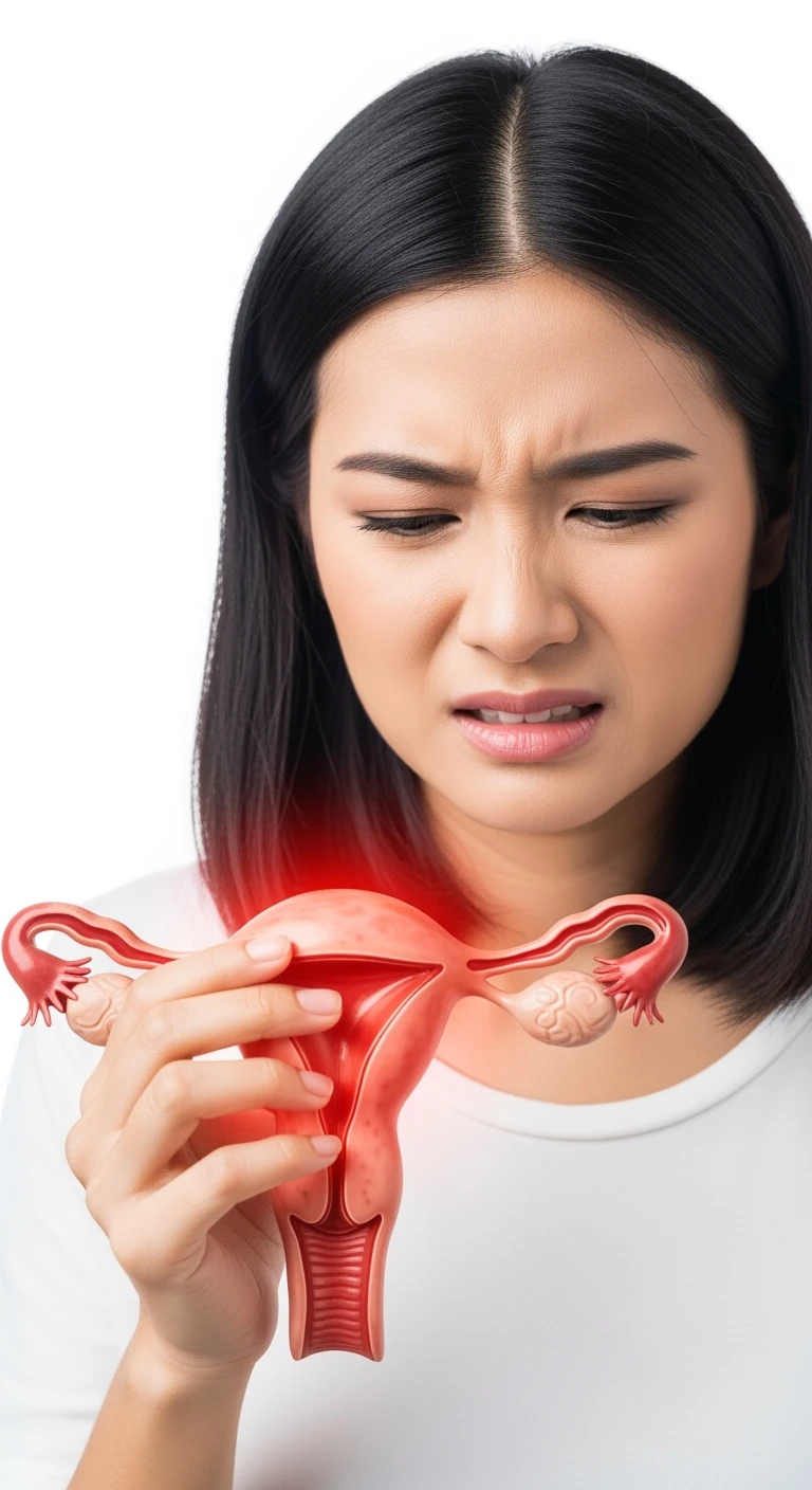 donna con utero umano realistico in evidenza dolorante, espressione di dolore in volto, sfondo bianco emoji