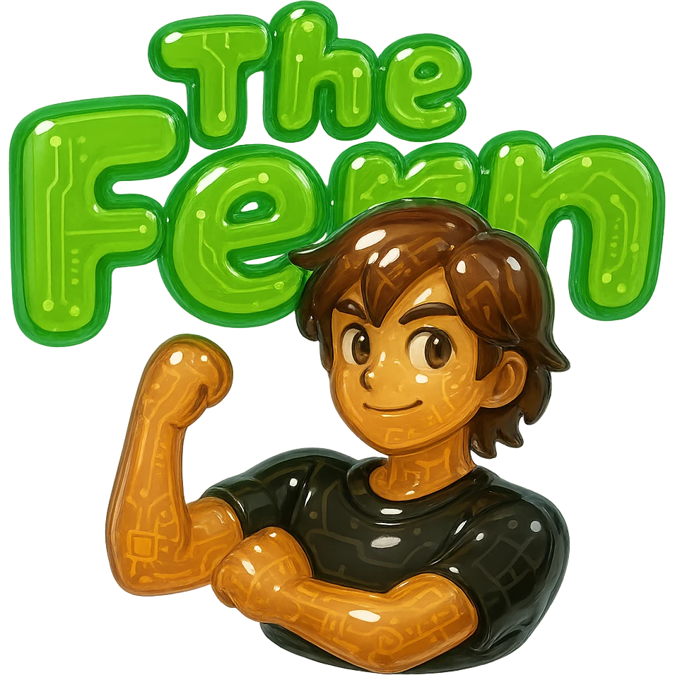 Brunette anime man leaning to the side with arms crossed, standing in front of green bubble letters that say 'The Fern'. He wears a black t-shirt, no jacket, medium-length brown hair, and has an expressive anime face. Keep the rounded, glossy, energetic vibe in glossy circuit style. emoji