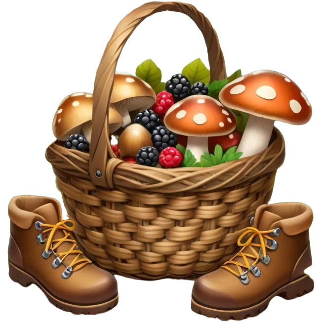 Icon for Mushroom and Berry Tourism: a basket filled with mushrooms and berries, surrounded by forest elements like trees, leaves and a hiking boots. The icon should capture the joy of foraging in nature. Transparent background. emoji