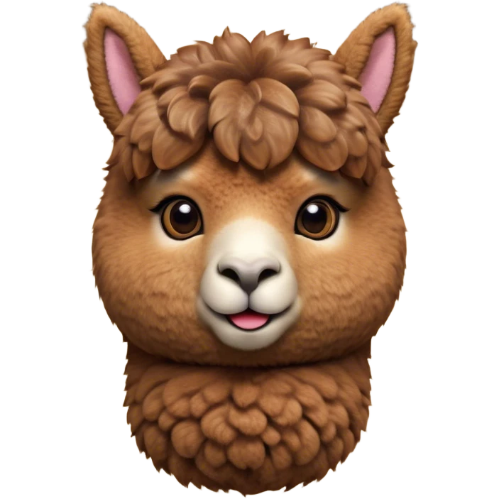 Cinematic Cute Brown Alpaca Portrait Emoji, Head tilted playfully and inquisitively, featuring a plush, rich brown fleece with a natural sheen, round, sparkling warm eyes filled with curiosity, Simplified yet irresistibly adorable features, highly detailed, glowing with a warm, friendly glow, high shine, affectionate and gentle, stylized with a touch of whimsy, bright and endearing, soft glowing outline, capturing the essence of a mischievous yet loving alpaca, so playful it feels like it could prance out of the screen and into your arms! emoji