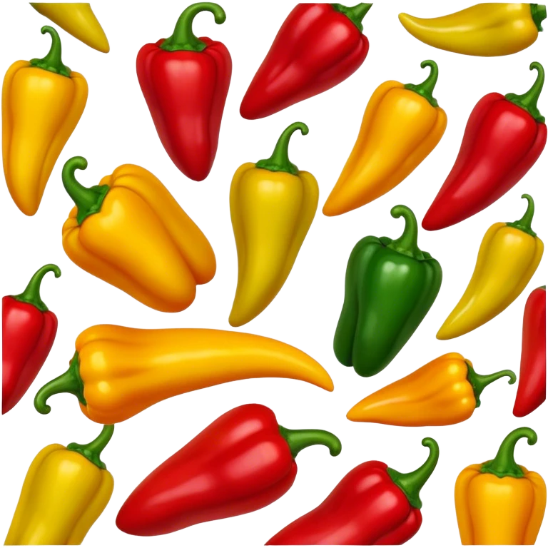 Cinematic bright colorful peppers, glossy and fresh, arranged in a vibrant mix of red, yellow, and green, warm glowing background, fresh and lively. emoji