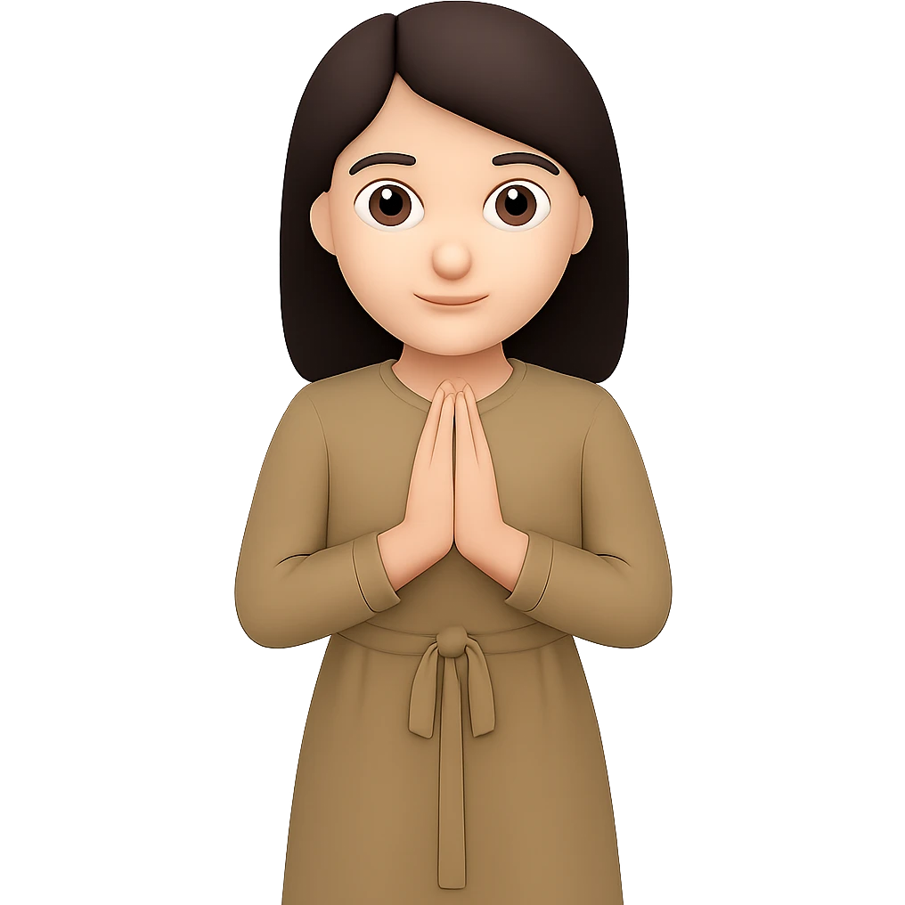 Create a variation of a woman standing and praying from the front view, wearing a long tan dress, with dark brown hair, in the style of emoji. Remove the background. emoji