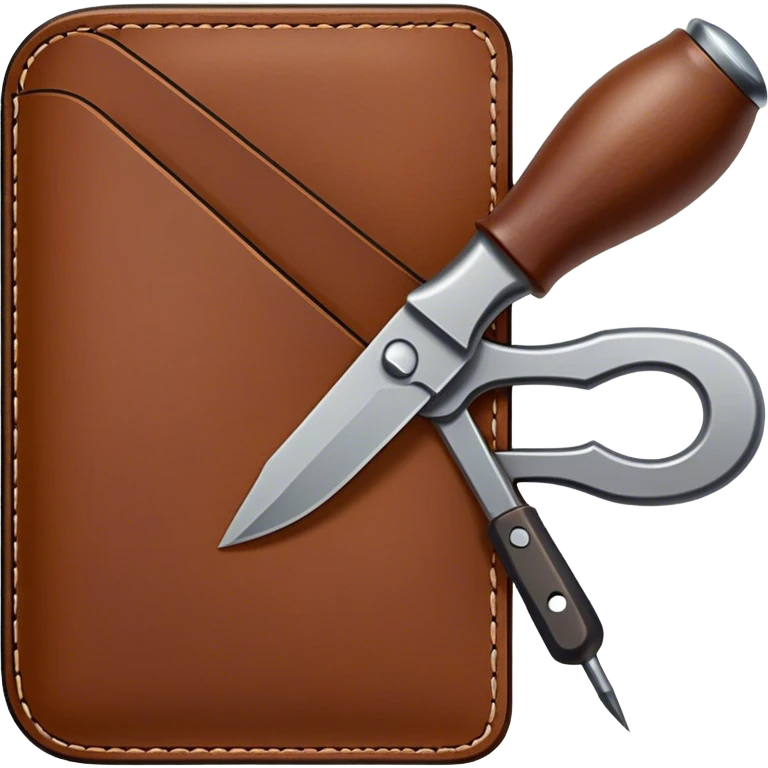 Leatherworking icon, piece of raw leather being crafted into a leather wallet or belt with engraving, professional tools like leather stitching awl, edge beveler, hammer, prying tool, minimalistic style, clean lines, transparent background. emoji