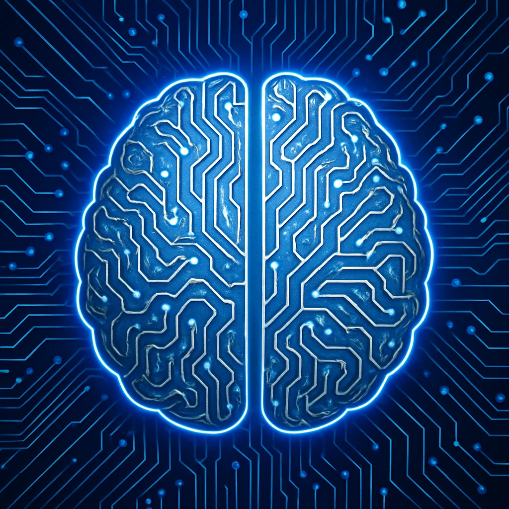 AI brain, circuit patterns, blue and silver colors, tech-inspired emoji