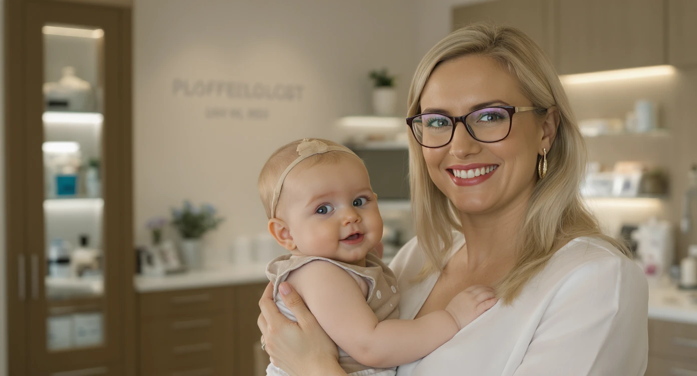 Cinematic still, Proffesional advertising of a smiling european white woman with glasses smiling holding baby, minimalistic ophthalmologist interior in background, leading  lines, "rule of thirds", 60/30/10 colors, soft light, warm colors, Layered composition emoji