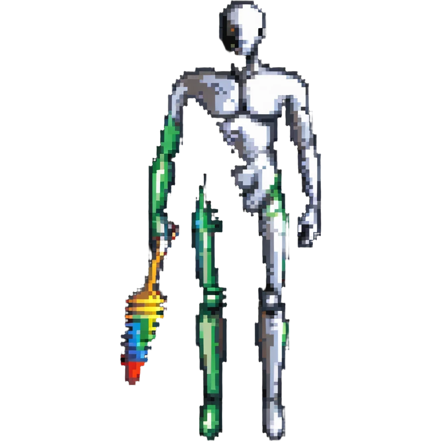 A paintbrush transforming into a metallic human silhouette, symbol of artistic identity emoji