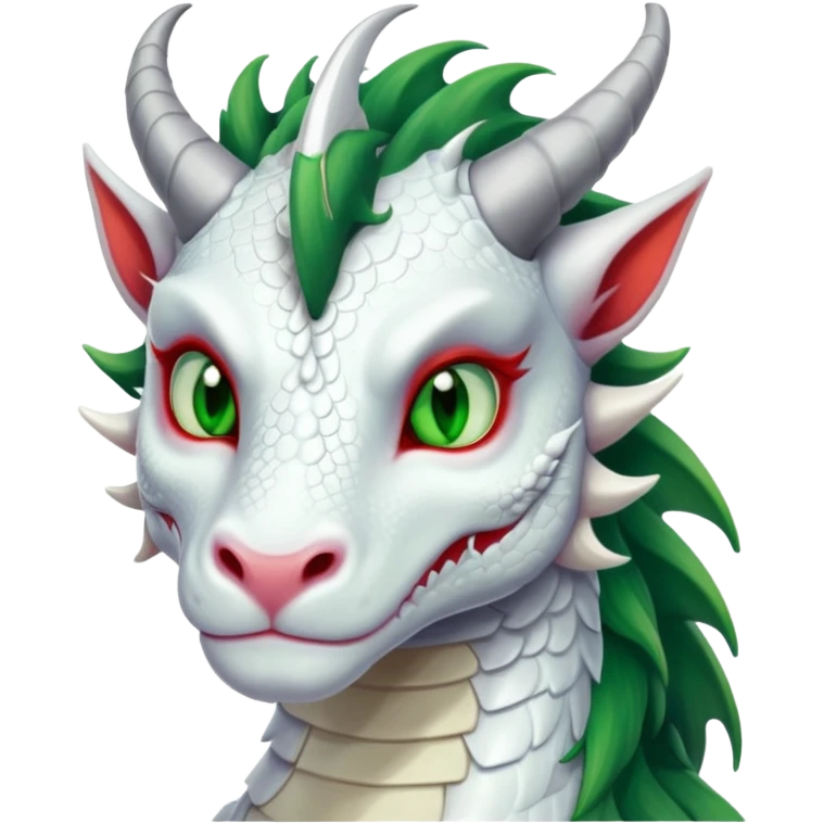 White dragoness with green eyes, red mane and two gray horns emoji