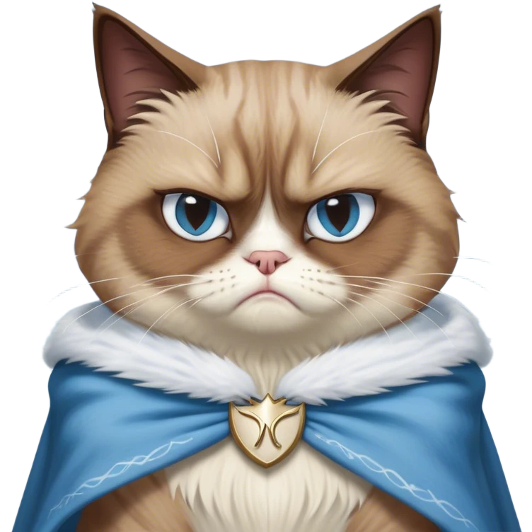 Cinematic Meme-Worthy Grumpy Brown Mantle Snowshoe Cat Portrait Emoji, Head held high but eyes filled with dramatic disappointment, soft brown fur draped like a cape, white paws planted firmly in defiance, signature grumpy cat frown perfectly etched on its face, icy-blue eyes radiating pure disapproval, Simplified yet hilariously over-exaggerated features, highly detailed, glowing with an aura of supreme annoyance, high shine, exhausted yet judgmental, stylized with an almost regal pettiness, bright but brooding, soft glowing outline, capturing the essence of a feline that has seen it all and is thoroughly unimpressed, so meme-worthy it feels like it could instantly become the next viral sensation of grumpiness! emoji