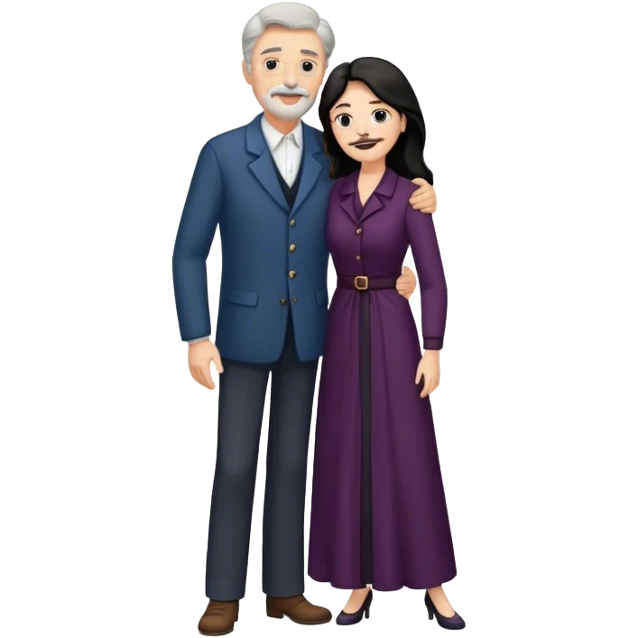 older couple, tall white man with brown hair goatee mustache hugging a pale woman with long black hair, wearing elegant clothing emoji