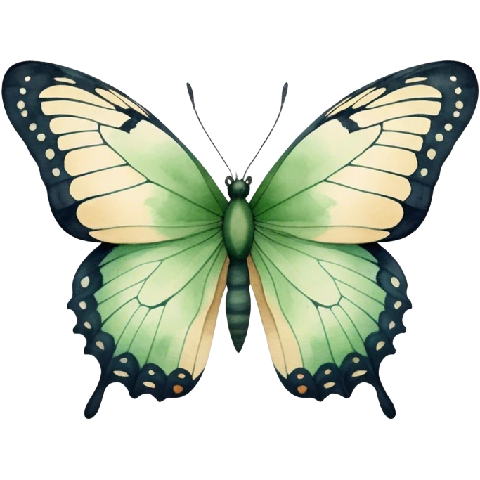 A minimalist watercolor illustration of a butterfly with green hues and fine details, set against a soft beige canvas.
 emoji