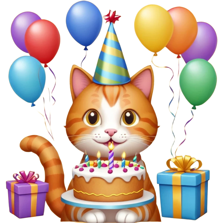 Ginger cat celebrates birthday, birthday hat, birthday cake, balloons, happy, gifts emoji