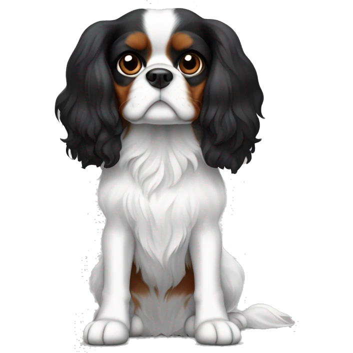 The cavalier King Charles spaniel dog. A black and white dog. With black ears, brown eyebrows, black in the middle of the muzzle, the rest is white. The belly is white, the back is black. The dog is sitting emoji