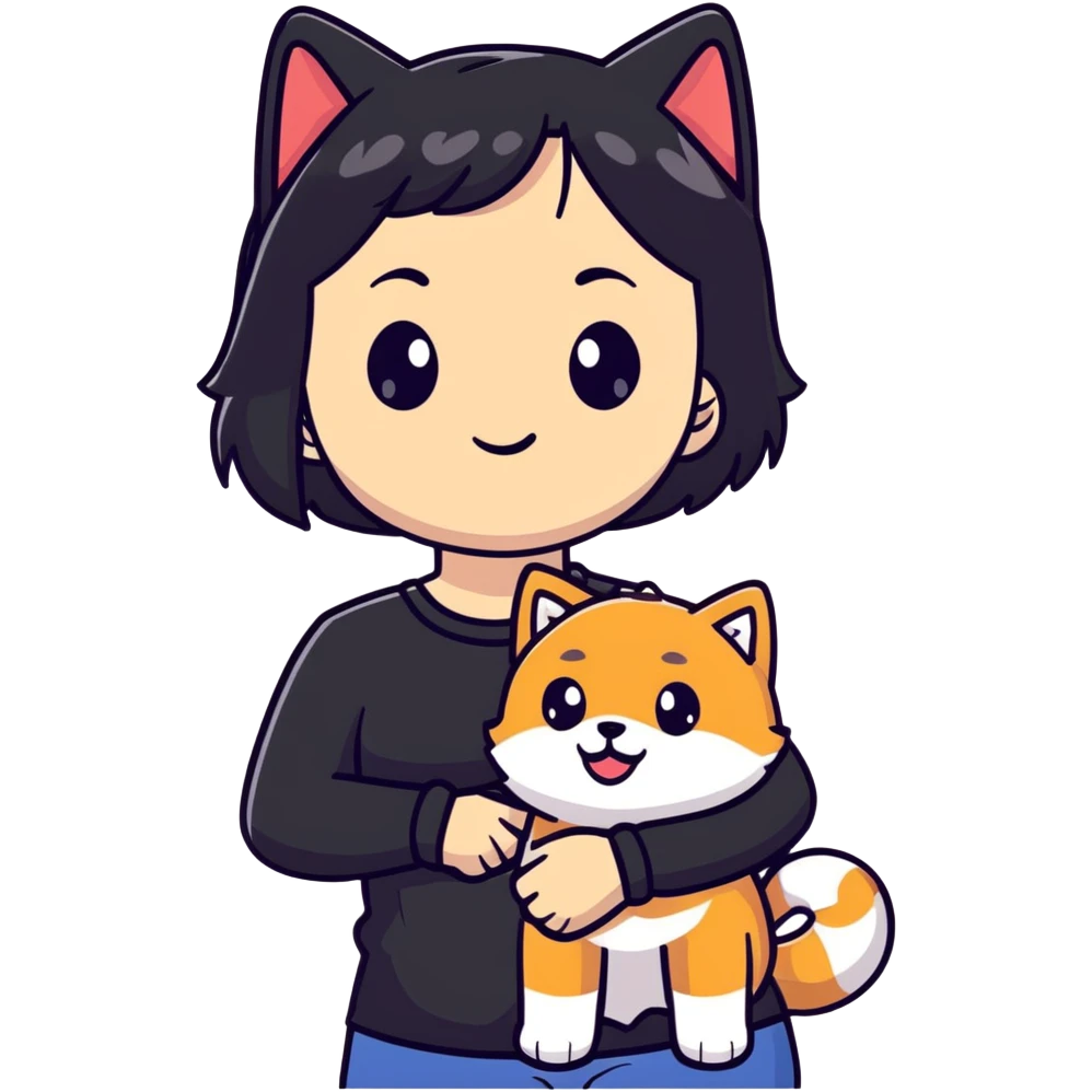 girl with black shoulder-length hair wearing a black tight-fitting top with a calico cat with white mouth and a shiba inu dog emoji