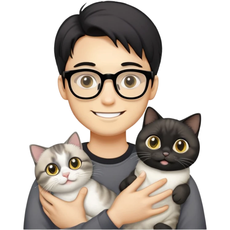 Young man with warm yellow-toned skin, long face, black back-length hair, large eyes, thin-rimmed square glasses, smiling gently while holding a grayish-white Munchkin cat with short legs and a gray patch under its mouth emoji