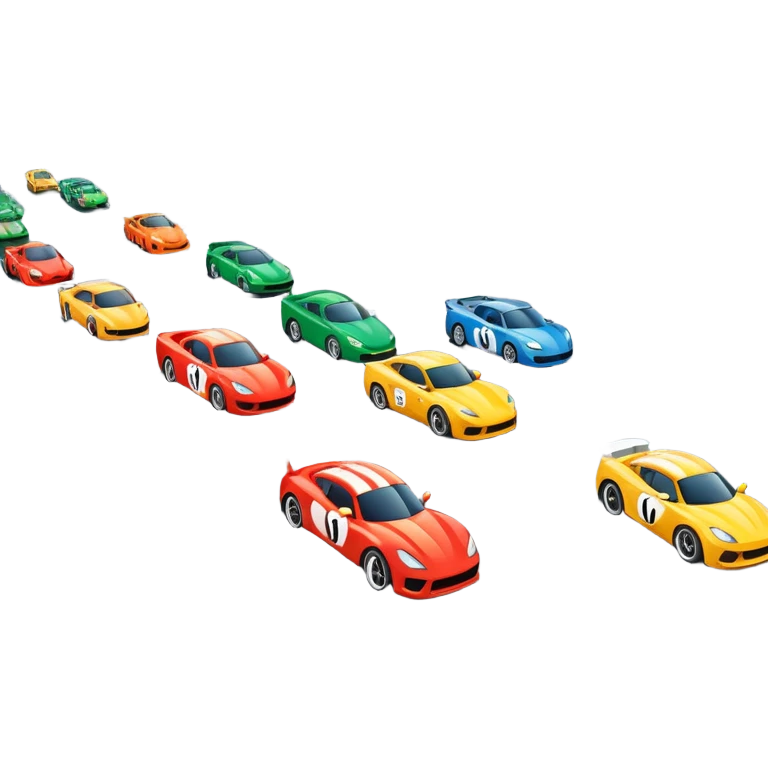 grandstands filled with cheering crowds, checkered flags waving, and traffic lights signaling the start, with a thrilling atmosphere of anticipation and speed. Sporty cars and motorcycles lined up at the starting line, ready to race, with a vibrant racetrack in the background. emoji