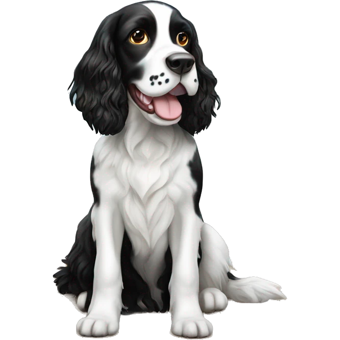 Black and white English springer spaniel sitting on the beach  emoji