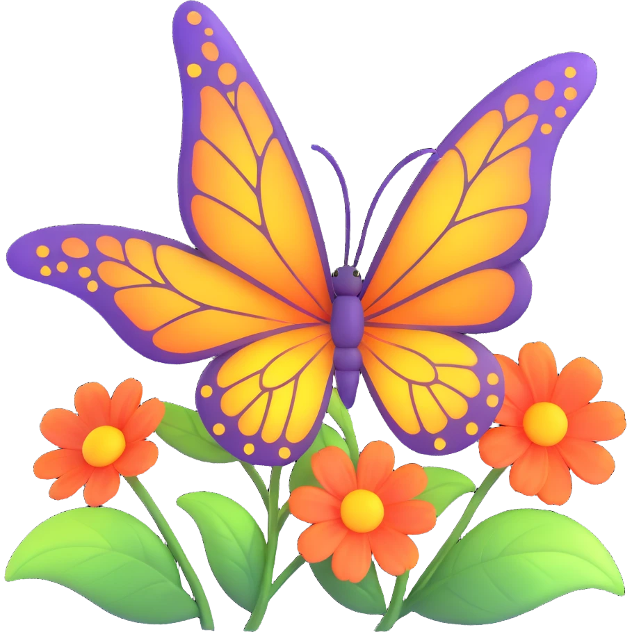 Add glowing leaves among the flowers and around the butterfly, maintaining the magical, 3D cartoon, digital fantasy art style. Keep the transparent background and all existing effects including flowers, glowing outlines, sparkling accents, magical particles, and elegant wings. emoji