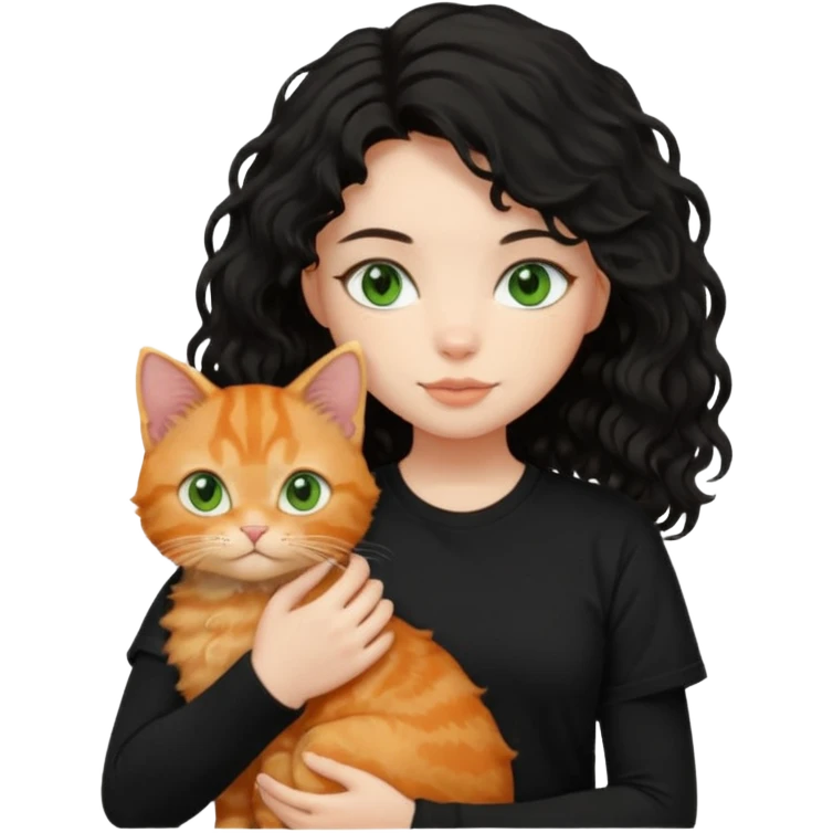 Girl with medium length black wavy hair in a black t shirt holding a ginger cat emoji