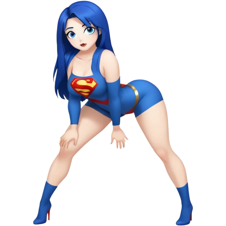 1girl,crazy drunk pose {{curvy}} dark blue {very long straight hair} blueeyes,fullbody,kissing  qsuperman emoji