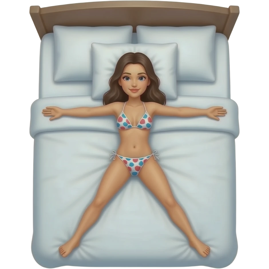 Une femme en bikini allongé sur le dos dans un lit double avec le corps en étoile et un homme sur elle emoji