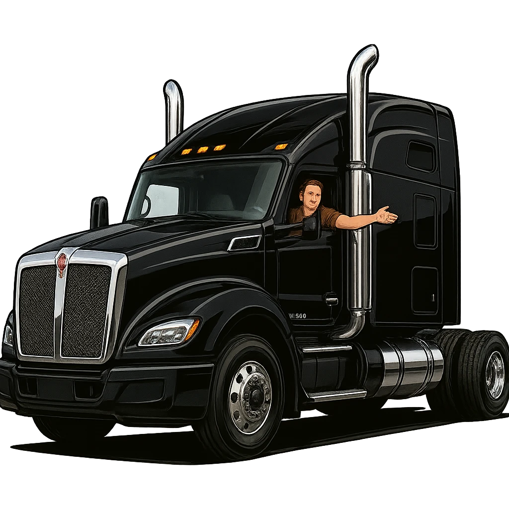 Black Kenworth W680 semi sleeper (2026), chrome stack, person in the truck with arm out the window, bold and detailed, transparent background emoji