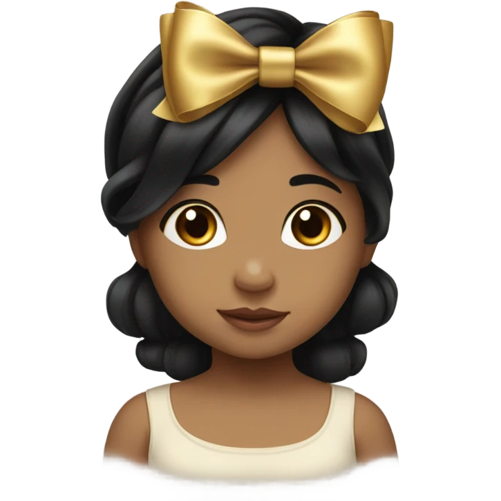 Cute baby girl with black hair with gold bow in her hair on the right side emoji