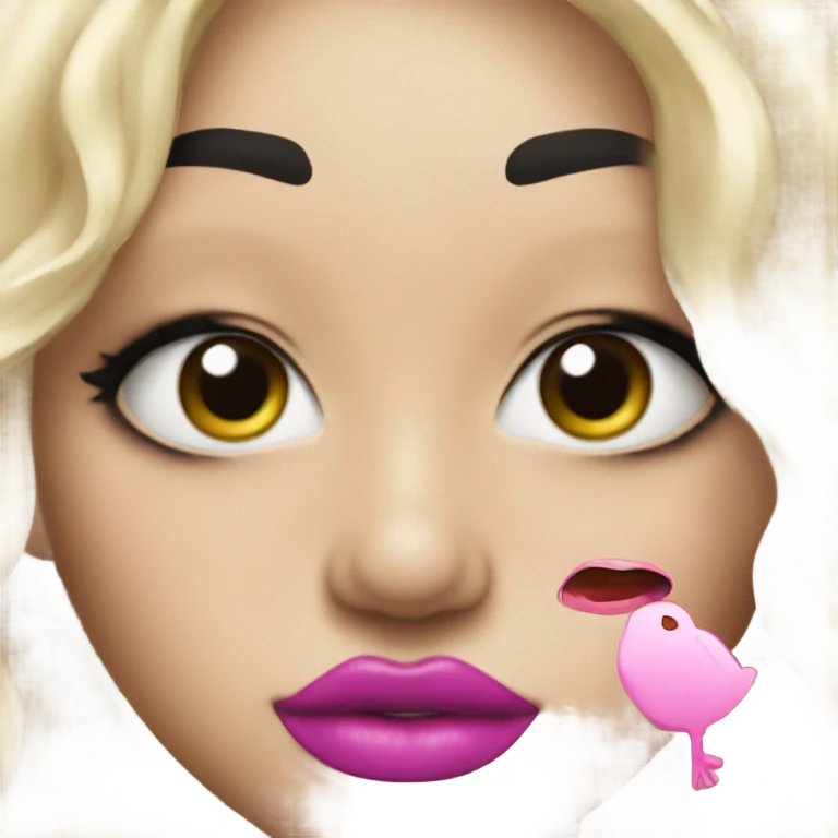 face with duck lips and peace sign with pink lipstick and blonde hair emoji