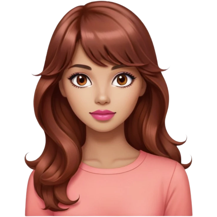 gorgeous woman, light tan skin, dark brown eyes, very long wavy auburn hair, bangs, pink top, coral lipstick, cool, model emoji