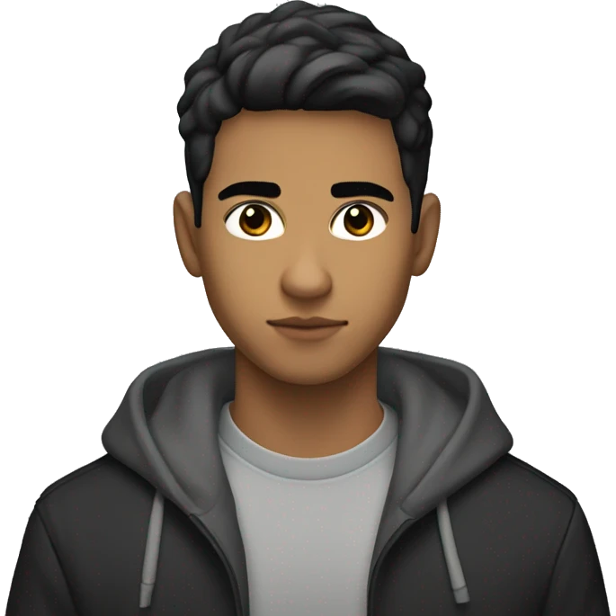 25-year old latino, light-brown skin, with black eyes and short hair, wearing a hoodie with a black long coat emoji