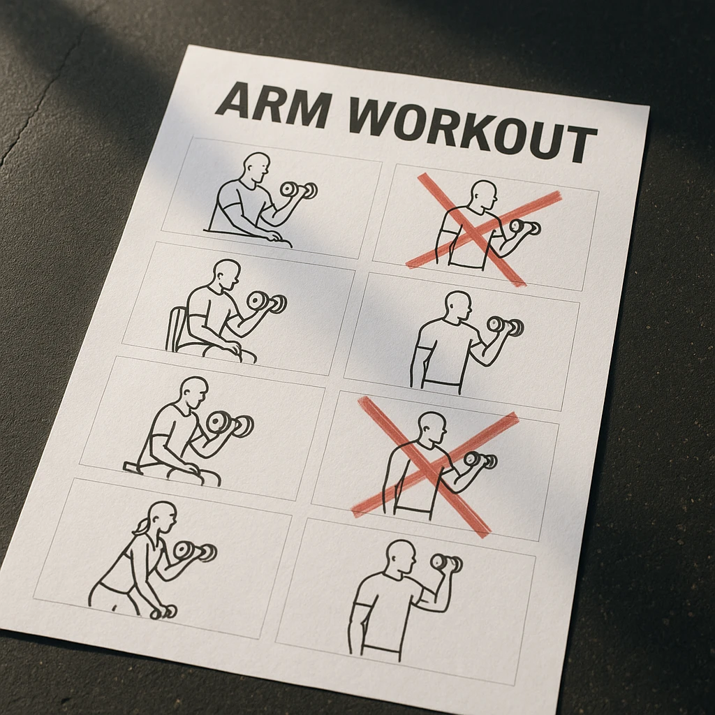 Top view of an arm workout exercise list sheet with red X marks on wrong exercises, hyperrealistic style, 4K quality, sharp details, realistic gym environment with natural lighting. emoji