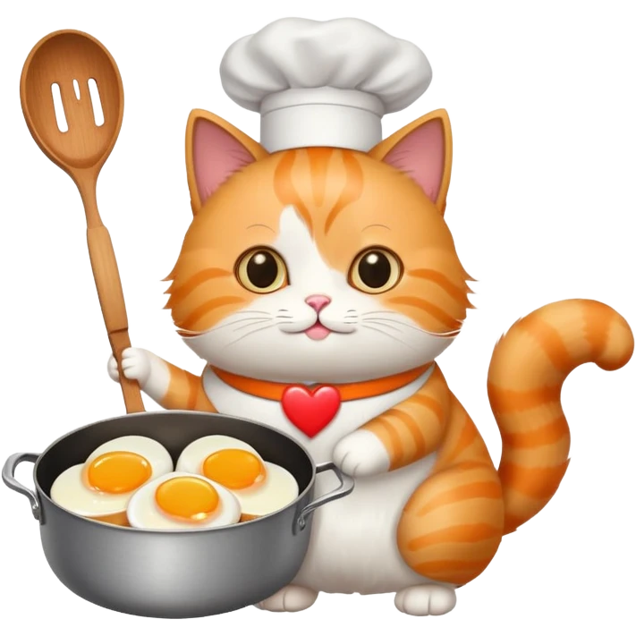 a cat holding a cooking pan with double heart-shaped eggs emoji