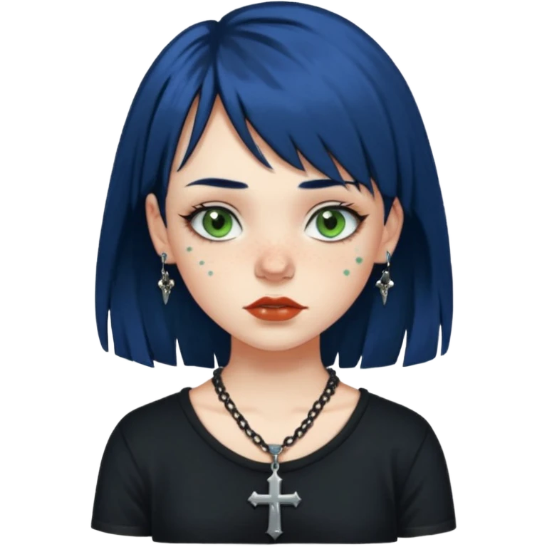 “Make an emoji of a girl with freckles on her cheeks, dark blue hair, greenish-brown eyes (more on the green side), black clothes, medium-sized lips, side curtain bangs, a punk cross necklace, and an Affliction shirt. emoji
