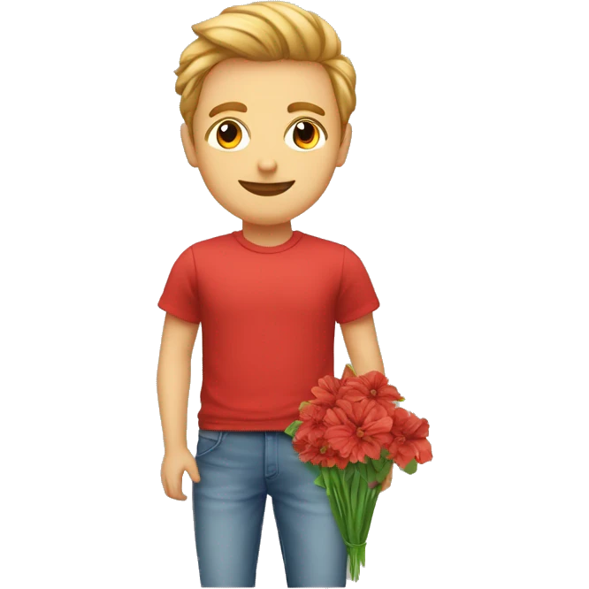 homme blanc avec un teeshirt rouge tenant des fleurs et une pancarte où il y a écrit "Julia<3" emoji