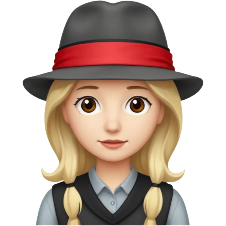 A person with long blond hair, wearing a gray fedora with a black band and a red headband underneath. emoji