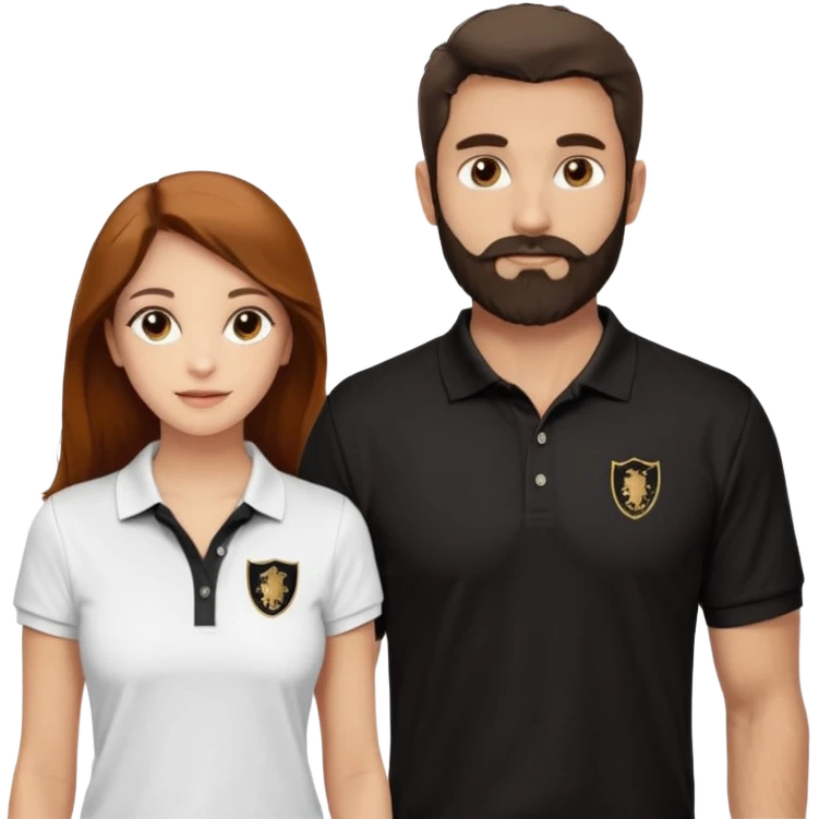 Tente de novo.Crie um casal - Homem branco de cabelo liso e olhos marrom, com barba, expressão séria usando camiseta polo preta e mulher de pele branca cabelo cacheado marrom longo e olhos mel, usando uma regata branca, quero ela sorrindo emoji
