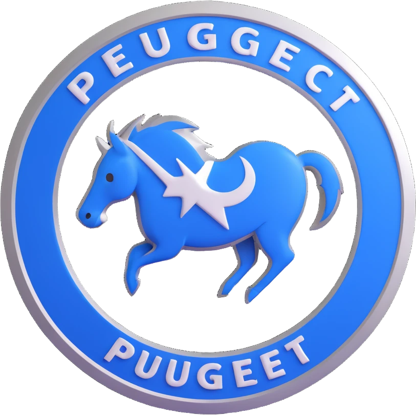 3D circular pattern with white "Peugeot" text in the center, blue and silver color scheme, modern style emoji