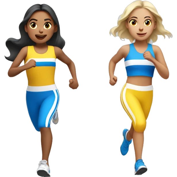 3 pale hispanic girls running a race with yellow blue and white outfits  emoji