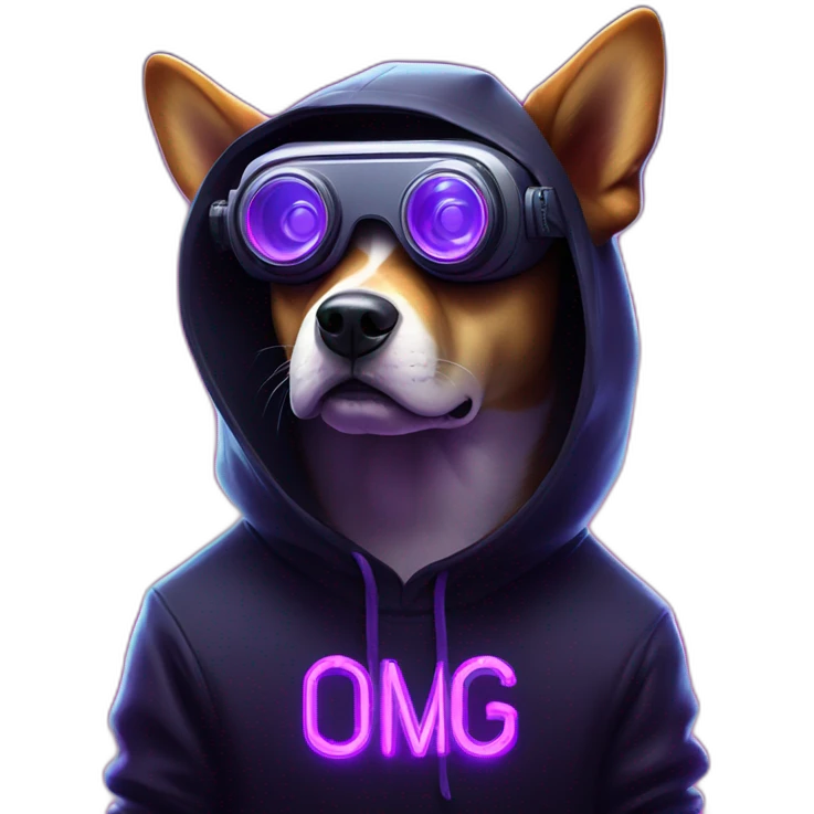 Russian dog wearing a black hoodie with "OMG" letters on it and VR headset in a cyberpunk VR environment with violet neon lighting. emoji