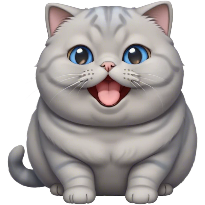 Cinematic Cute Chubby Grey Scottish Fold Cat Portrait Emoji, Head tilted playfully and yawning, round and plump body with sleek soft grey fur and subtle blue undertones, adorable folded ears, Simplified yet adorable features, highly detailed, glowing with a warm, friendly glow, high shine, curious yet calm, stylized with a touch of whimsy, bright and endearing, soft glowing outline, capturing the essence of a mischievous yet loving and lazy kitty with those signature folded ears, so cute it feels like it could stretch out of the screen and cuddle! emoji