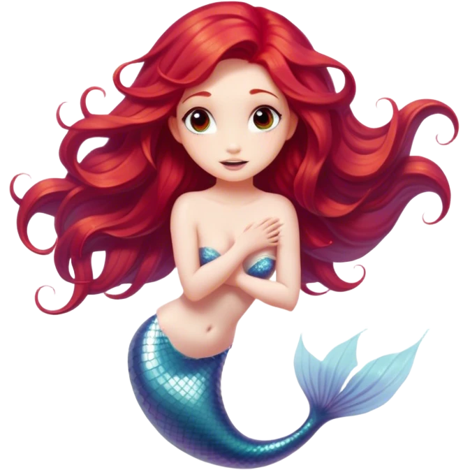 Cinematic Realistic Red Hair Mermaid Portrait, head tilted playfully and inquisitively, showcasing an ethereal form with finely detailed, flowing red hair against luminous porcelain skin. Her bright, curious eyes sparkle like hidden gems beneath the gentle caress of underwater light, rendered with lifelike clarity and warm, filtered illumination—capturing the essence of a spirited mermaid ready to splash playfully into your imagination. emoji