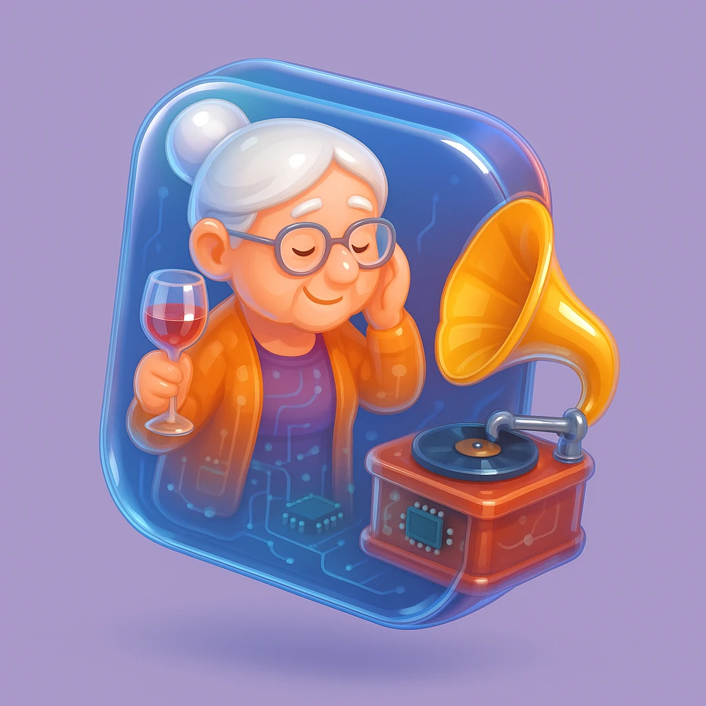 old lady with wineglass listening to gramophone emoji