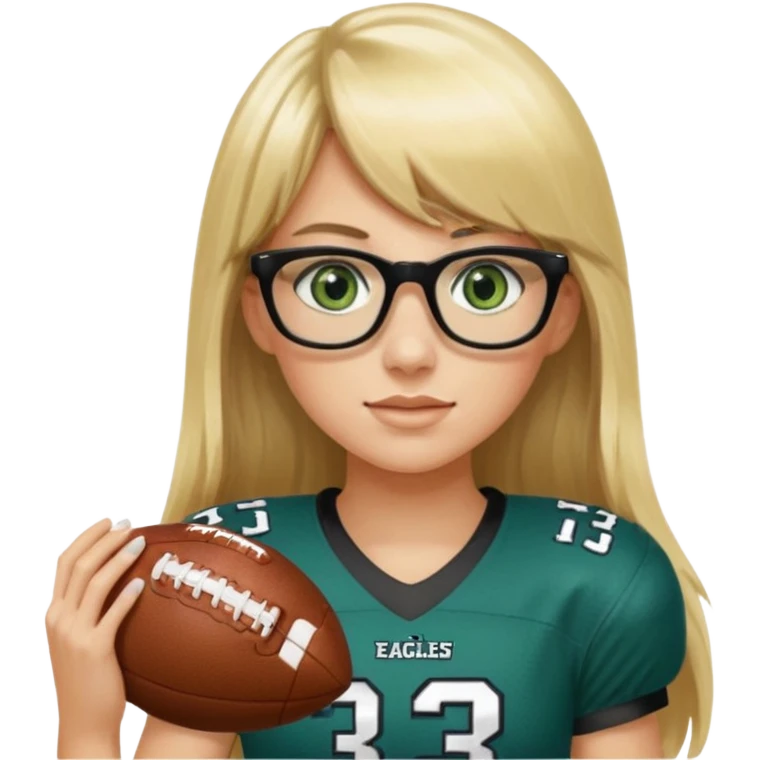 long blonde hair with bangs small black rectangle glasses female green eyes football player wearing eagles jersey number 33 holding football emoji