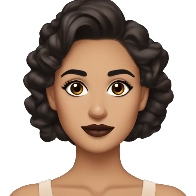 Maddy Perez euphoria show: warm brown eyes, bold black eyeliner, dark arched brows, full nude-berry lips, bronzed skin, high cheekbones, sleek dark brown long hair in waves/ponytail, rhinestones on her face

 emoji