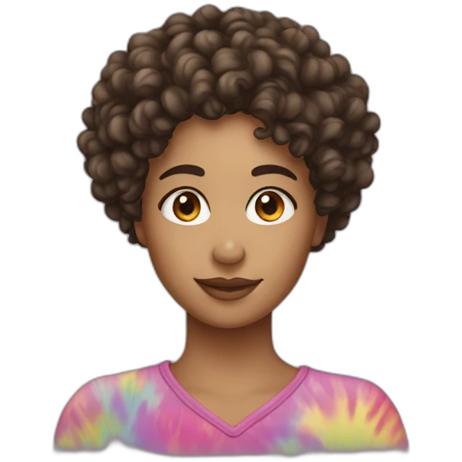 curly hair brunete woman wearing tiedye emoji